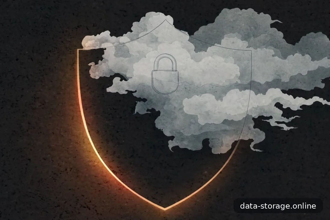 Stilisierte Szene: Wolken-Symbole über einer Weltkarte (abstrakt), dunkles Schiefergrau mit Amber-Akzenten