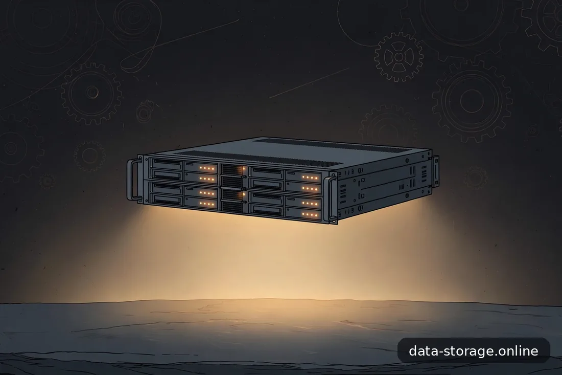 Abstrakte Illustration: selbst gehosteter Server im Heimnetzwerk, dunkles Schiefergrau mit Amber-Akzenten