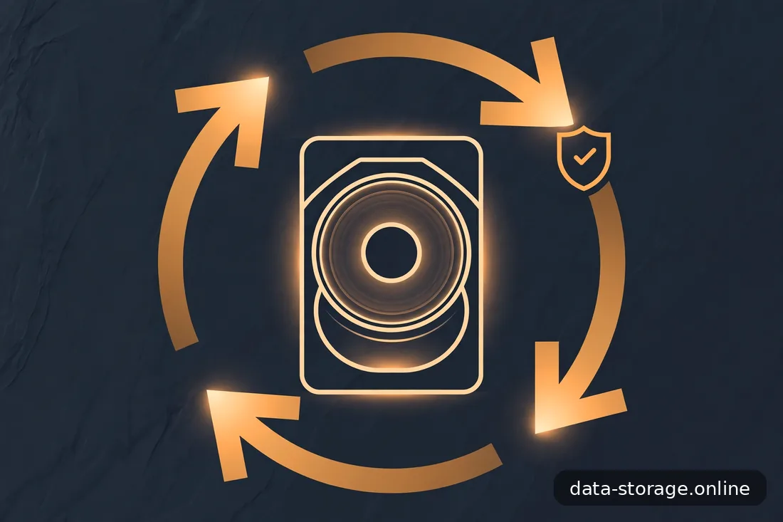 Abstrakte Illustration: drei abstrakte Kopie-Symbole als Backup-Prinzip, dunkles Schiefergrau mit Amber-Akzenten