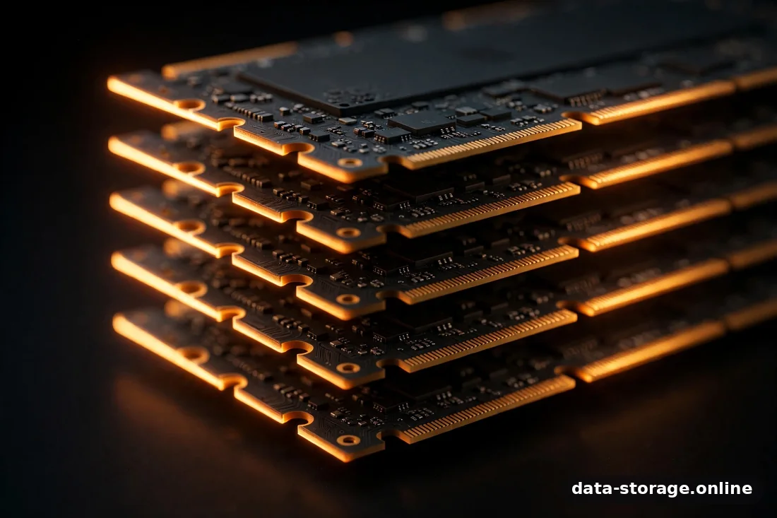 Abstrakte Illustration: Preisschild neben einer SSD, dunkles Schiefergrau mit Amber-Akzenten