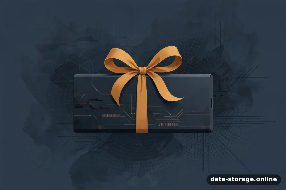 Abstrakte Illustration: Geschenkbox mit Speichermedium, dunkles Schiefergrau mit Amber-Akzenten