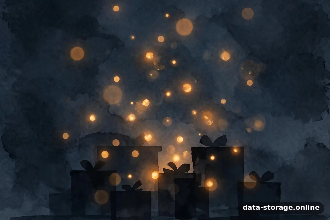 Stilisierte Szene: Weihnachtsgeschenke mit Technik-Motiven (abstrakt), dunkles Schiefergrau mit Amber-Akzenten